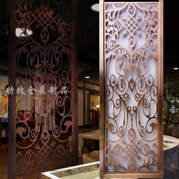 锈钢镜面拉丝钛金花格隔断_玫瑰金不锈钢镂空屏风_不锈钢格栅